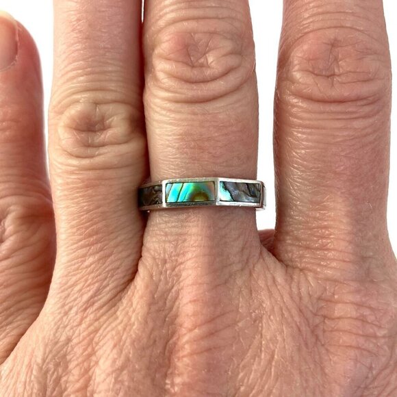 Sterling Silver 925 Thailand Geometric Abalone Inlay Octagonal Band Ring Sz 7.5 - Picture 1 of 14